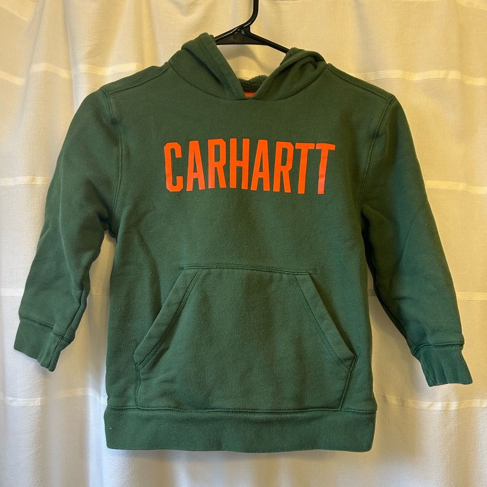 Carhartt Kids Forest Green Hoodie with Orange Logo
